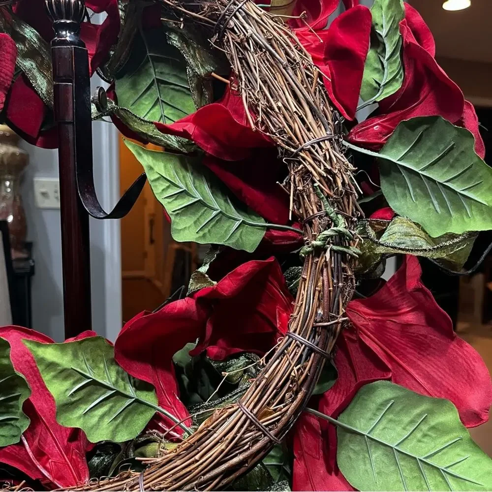 NEW Pottery Barn Poinsettia Decorative Christmas Holiday Hanging Wreath Round